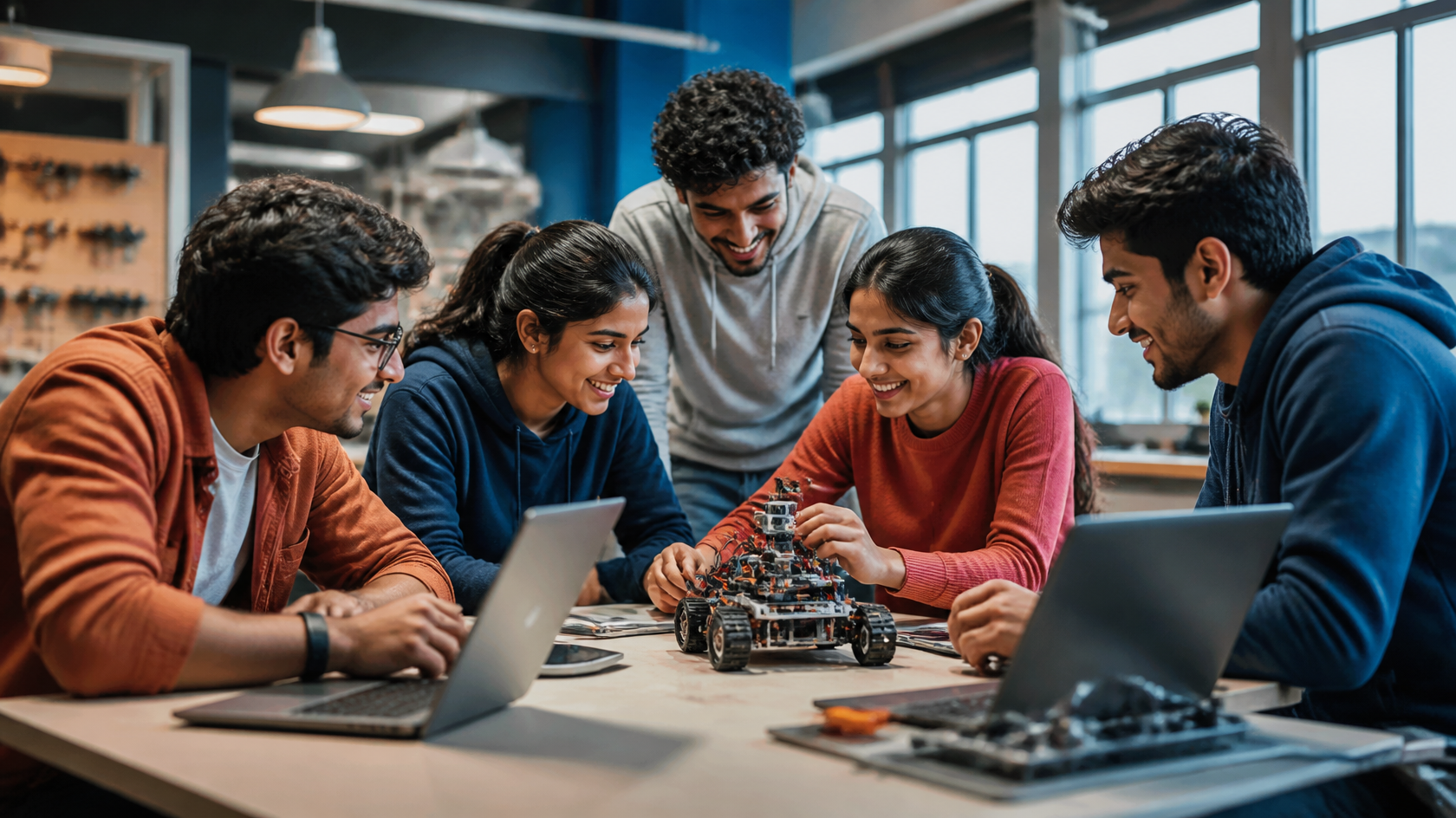 Illustrative campaign image of engineering students collaborating around a tabletop robot, created with Canva AI