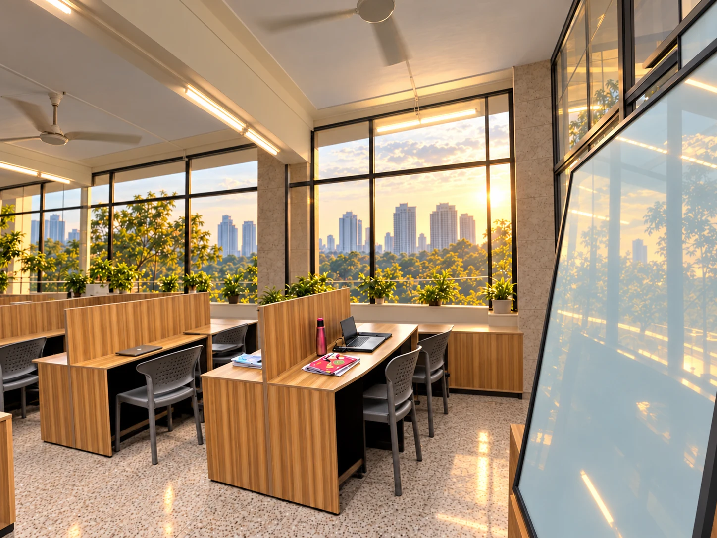 Conceptual glass learning studio with daylight, wooden workstations and city view